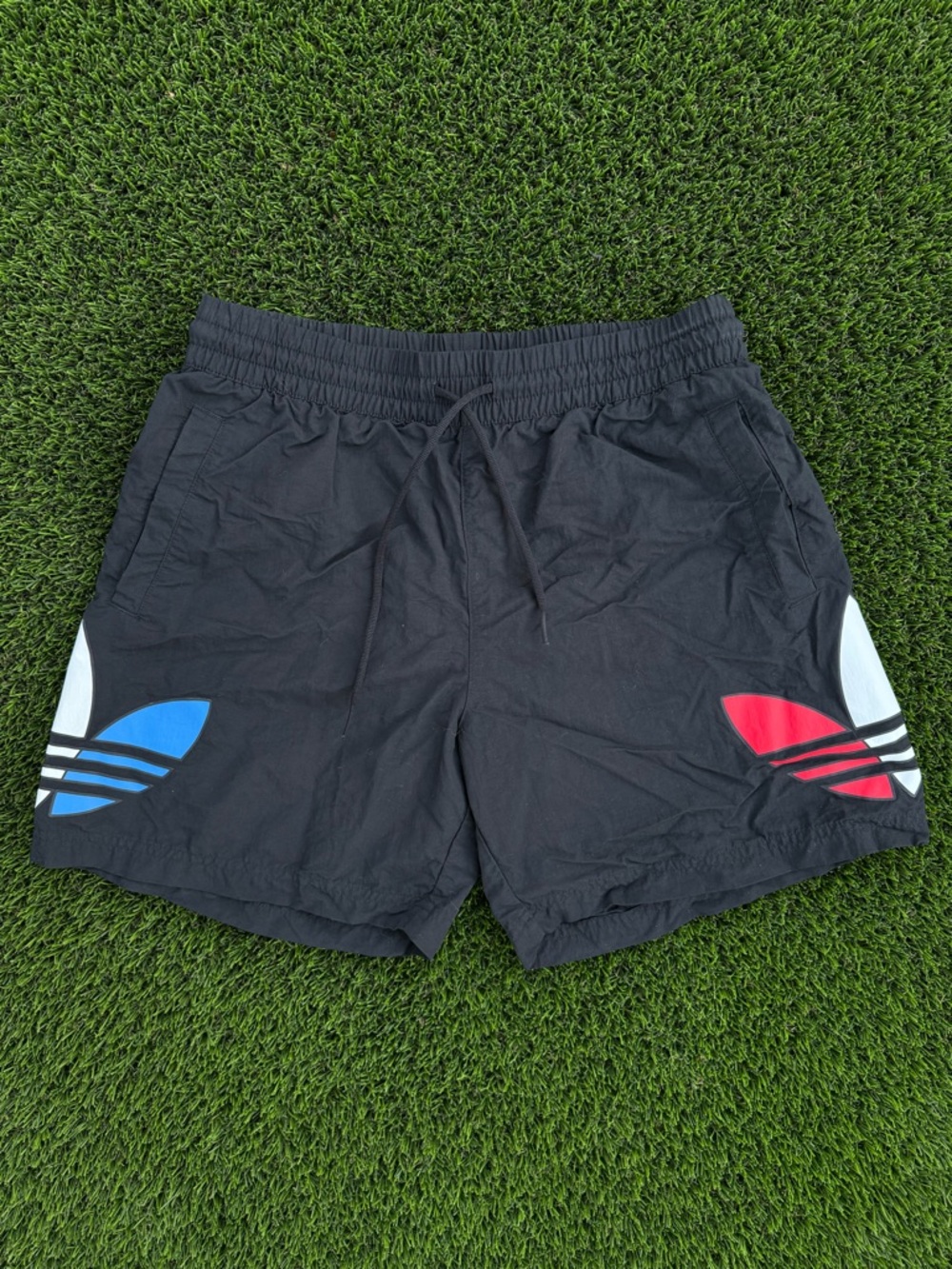 Adidas Men's Black Athletic Swim Shorts with Red & Blue Accents